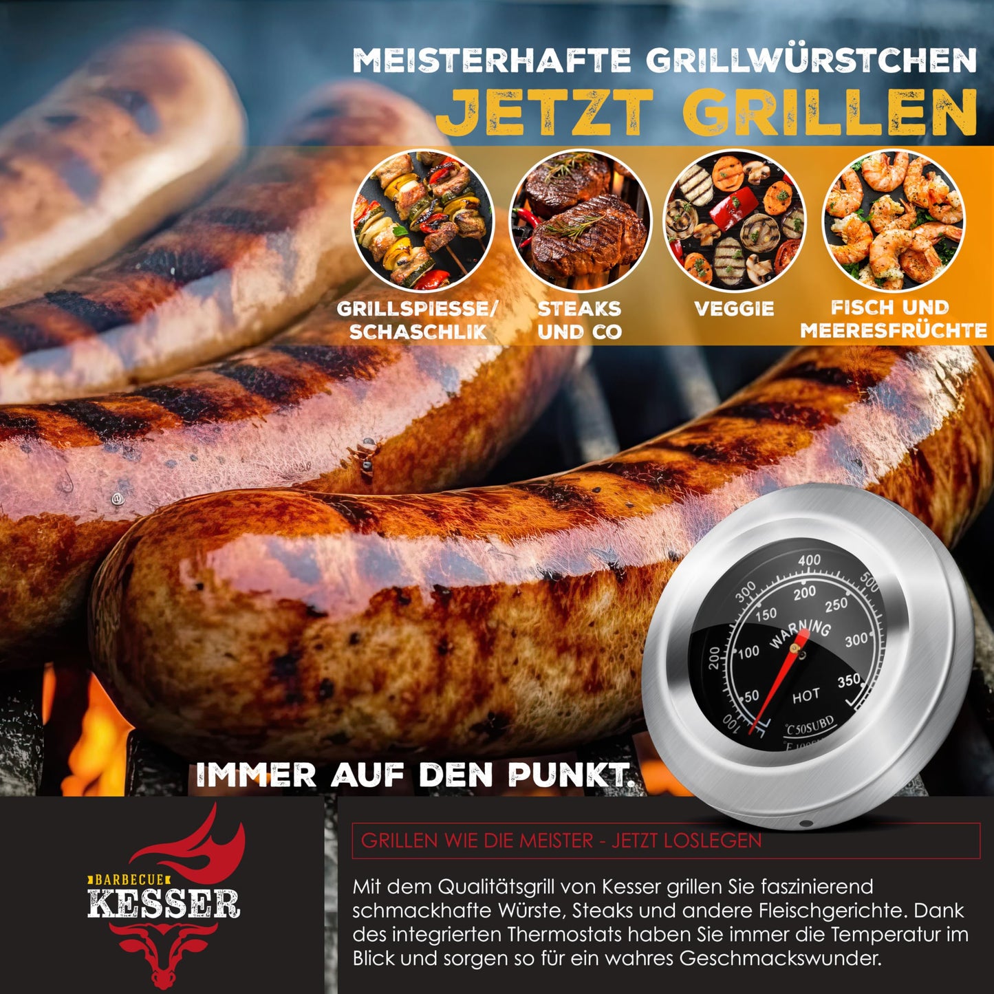 Parrilla de Carbón con Carrito y Tapa – BBQ XL con Ruedas, Termómetro y Estante Abatible – Acero Inoxidable Negro – KESSER®