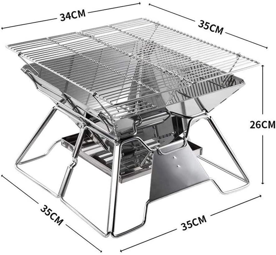 Parrilla Portátil WgGUIF de Acero Inoxidable – Plegable con Bandeja para Cenizas y Ventilación Inferior, Ideal para Picnic, Balcón y Camping (35×34×26 cm)