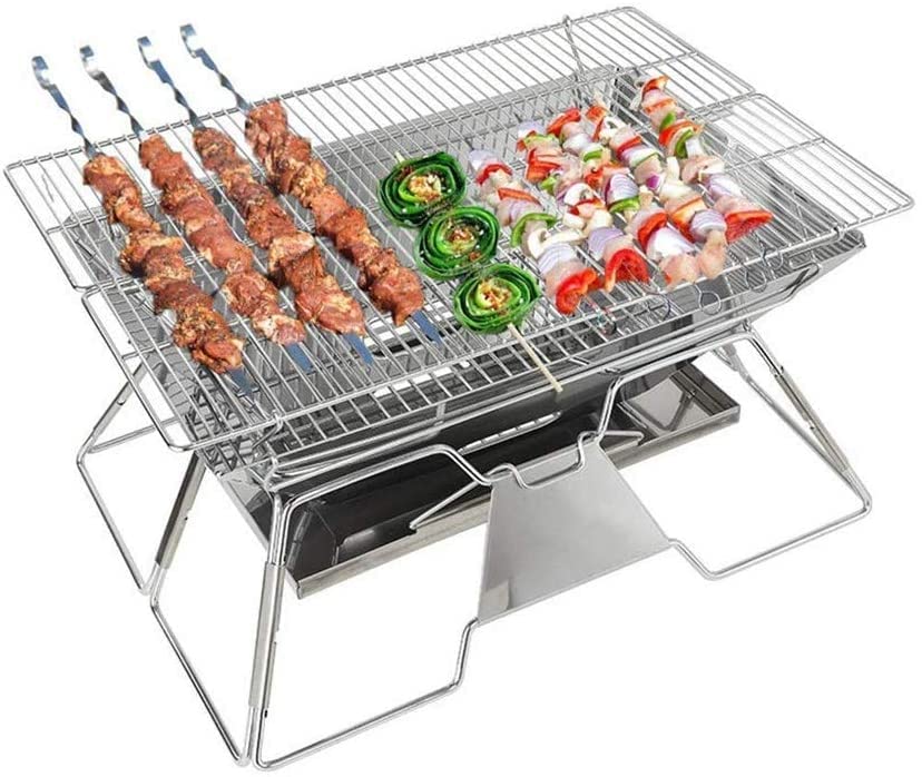 Parrilla Portátil WgGUIF de Acero Inoxidable – Plegable con Bandeja para Cenizas y Ventilación Inferior, Ideal para Picnic, Balcón y Camping (35×34×26 cm)