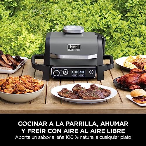Parrilla Eléctrica de Exterior 7 en 1 Ninja Woodfire OG701EU – Freidora de Aire, Ahumador, Horno, Resistente a la Intemperie, Portátil, Multicolor