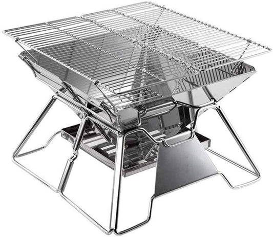 Parrilla Portátil WgGUIF de Acero Inoxidable – Plegable con Bandeja para Cenizas y Ventilación Inferior, Ideal para Picnic, Balcón y Camping (35×34×26 cm)