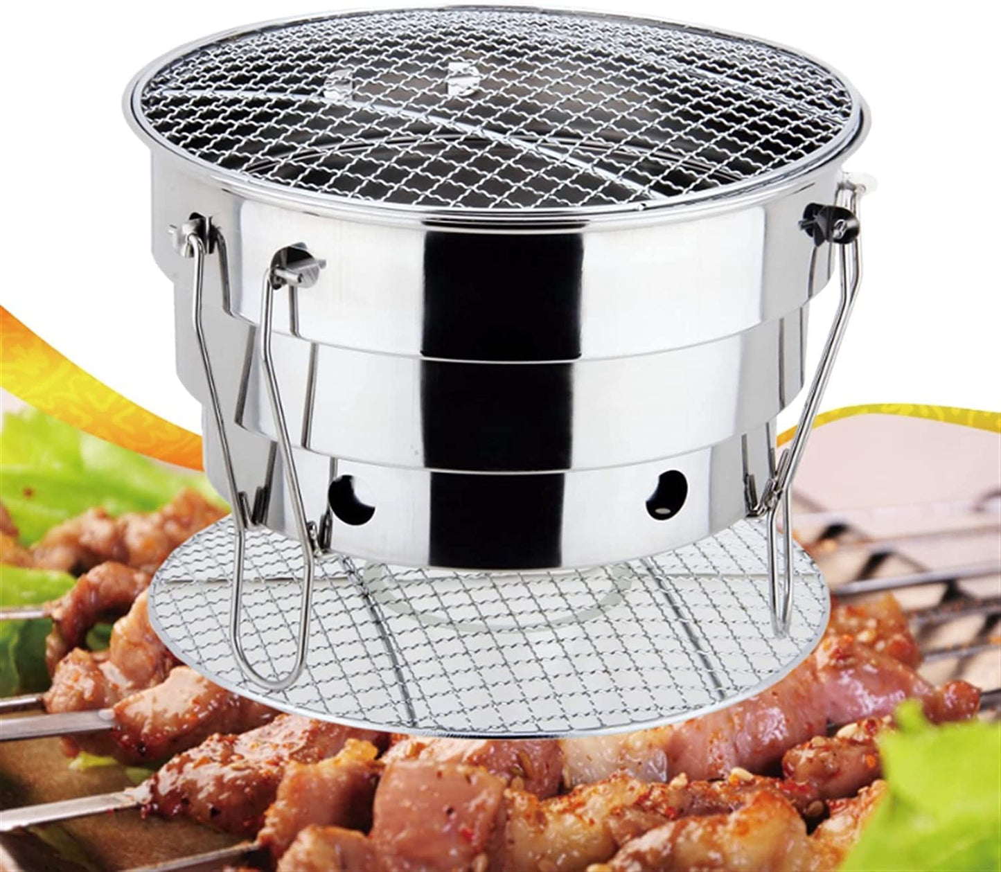 Parrilla de Carbón Portátil WgGUIF – Acero Inoxidable, Termómetro Integrado, Plegable para Picnic, Camping y Jardín