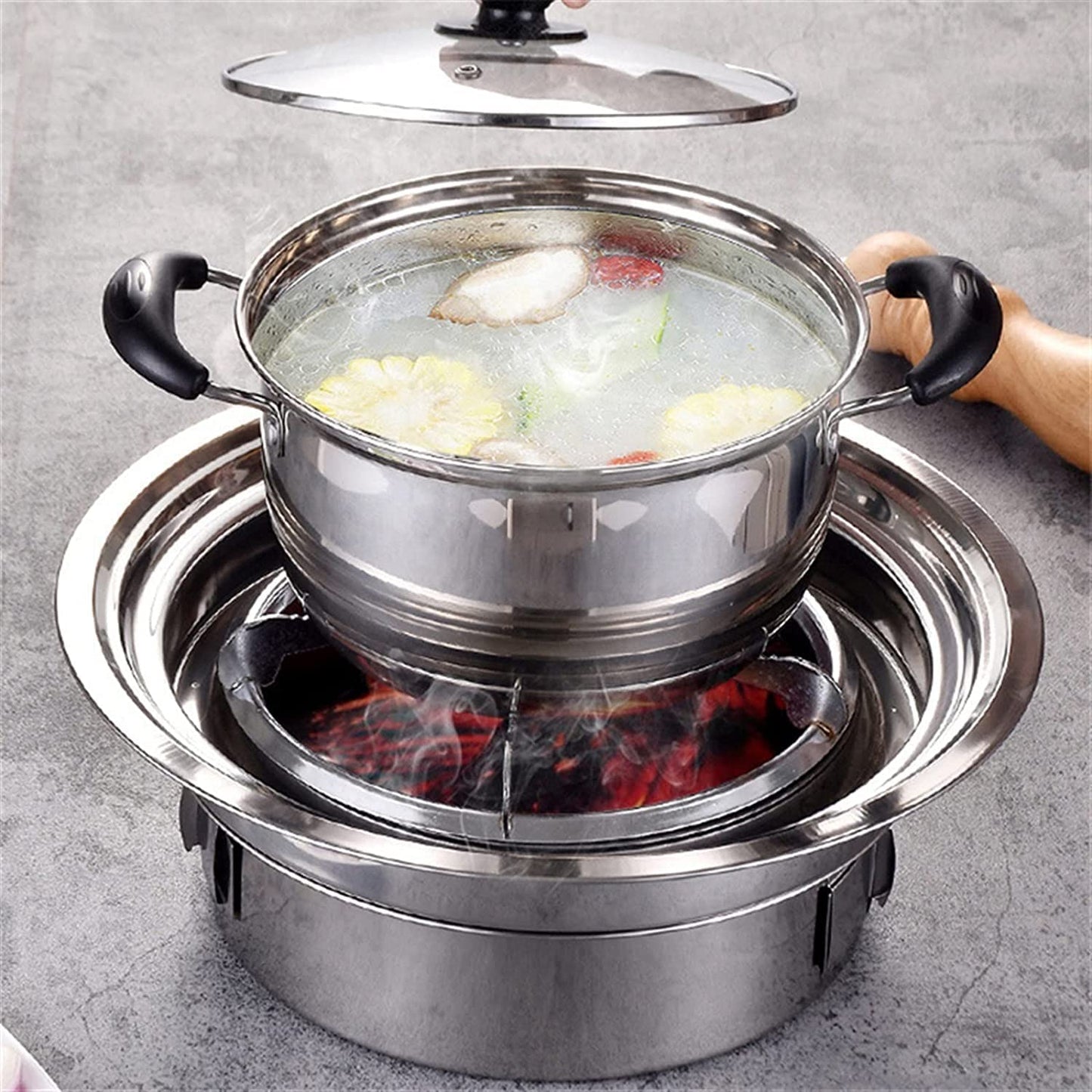 Parrilla de Carbón Redonda WgGUIF – Portátil, Antiadherente, Acero Inoxidable, con Termómetro Integrado, Ideal para Camping y Exteriores