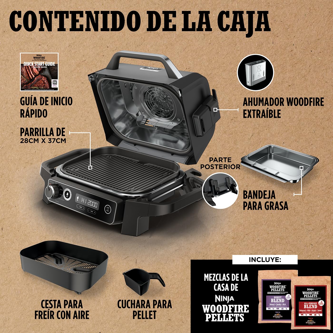 Parrilla Eléctrica de Exterior 7 en 1 Ninja Woodfire OG701EU – Freidora de Aire, Ahumador, Horno, Resistente a la Intemperie, Portátil, Multicolor