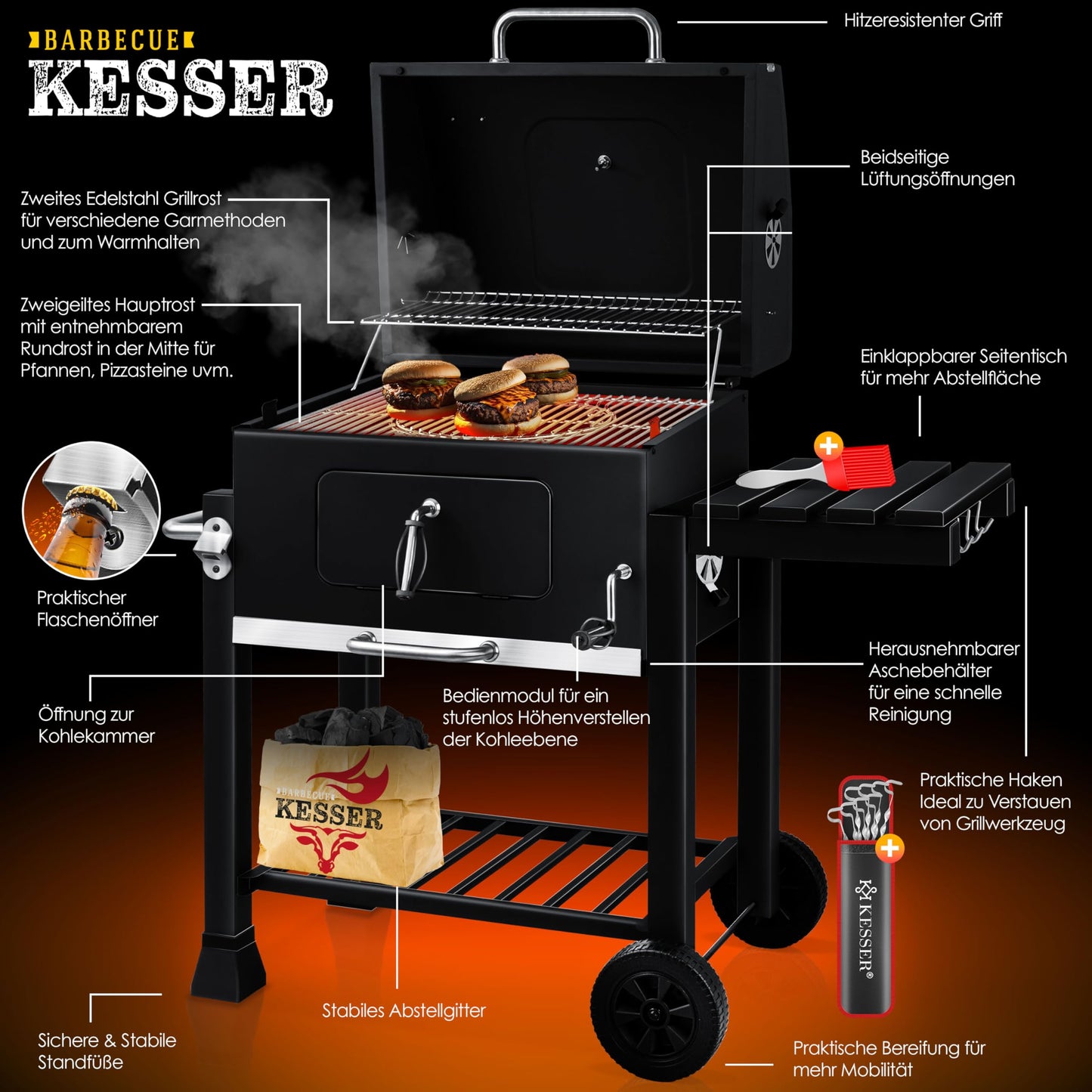 Parrilla de Carbón con Carrito y Tapa – BBQ XL con Ruedas, Termómetro y Estante Abatible – Acero Inoxidable Negro – KESSER®
