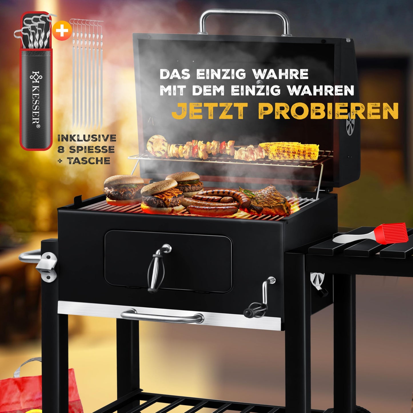 Parrilla de Carbón con Carrito y Tapa – BBQ XL con Ruedas, Termómetro y Estante Abatible – Acero Inoxidable Negro – KESSER®
