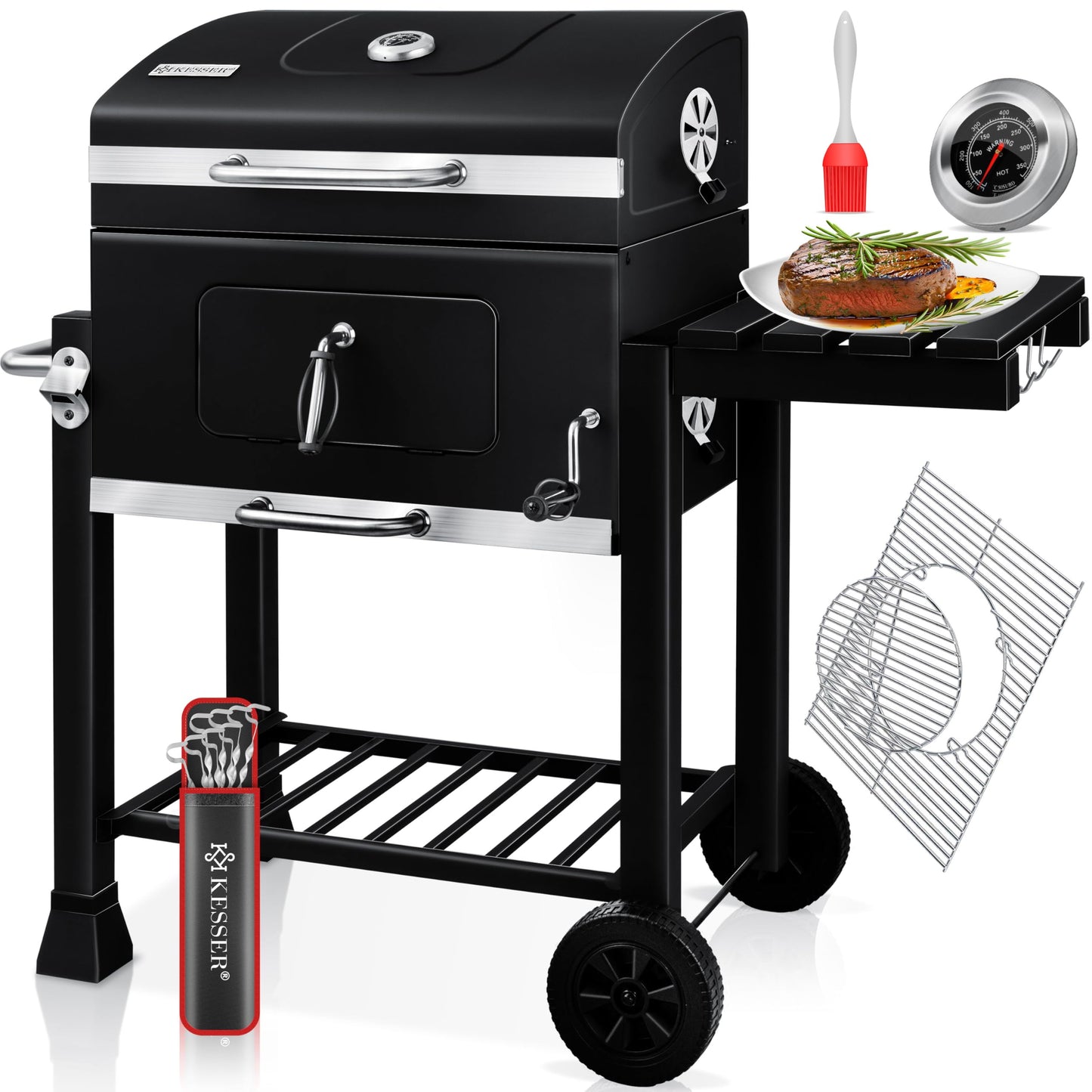 Parrilla de Carbón con Carrito y Tapa – BBQ XL con Ruedas, Termómetro y Estante Abatible – Acero Inoxidable Negro – KESSER®