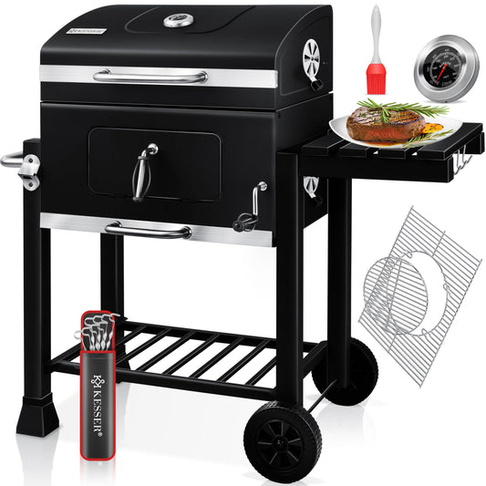Parrilla de Carbón con Carrito y Tapa – BBQ XL con Ruedas, Termómetro y Estante Abatible – Acero Inoxidable Negro – KESSER®