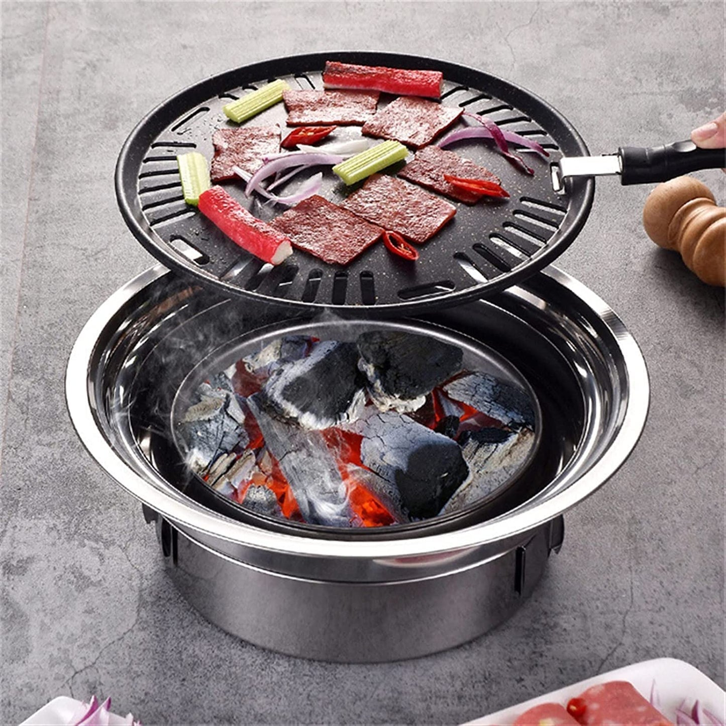 Parrilla de Carbón Redonda WgGUIF – Portátil, Antiadherente, Acero Inoxidable, con Termómetro Integrado, Ideal para Camping y Exteriores
