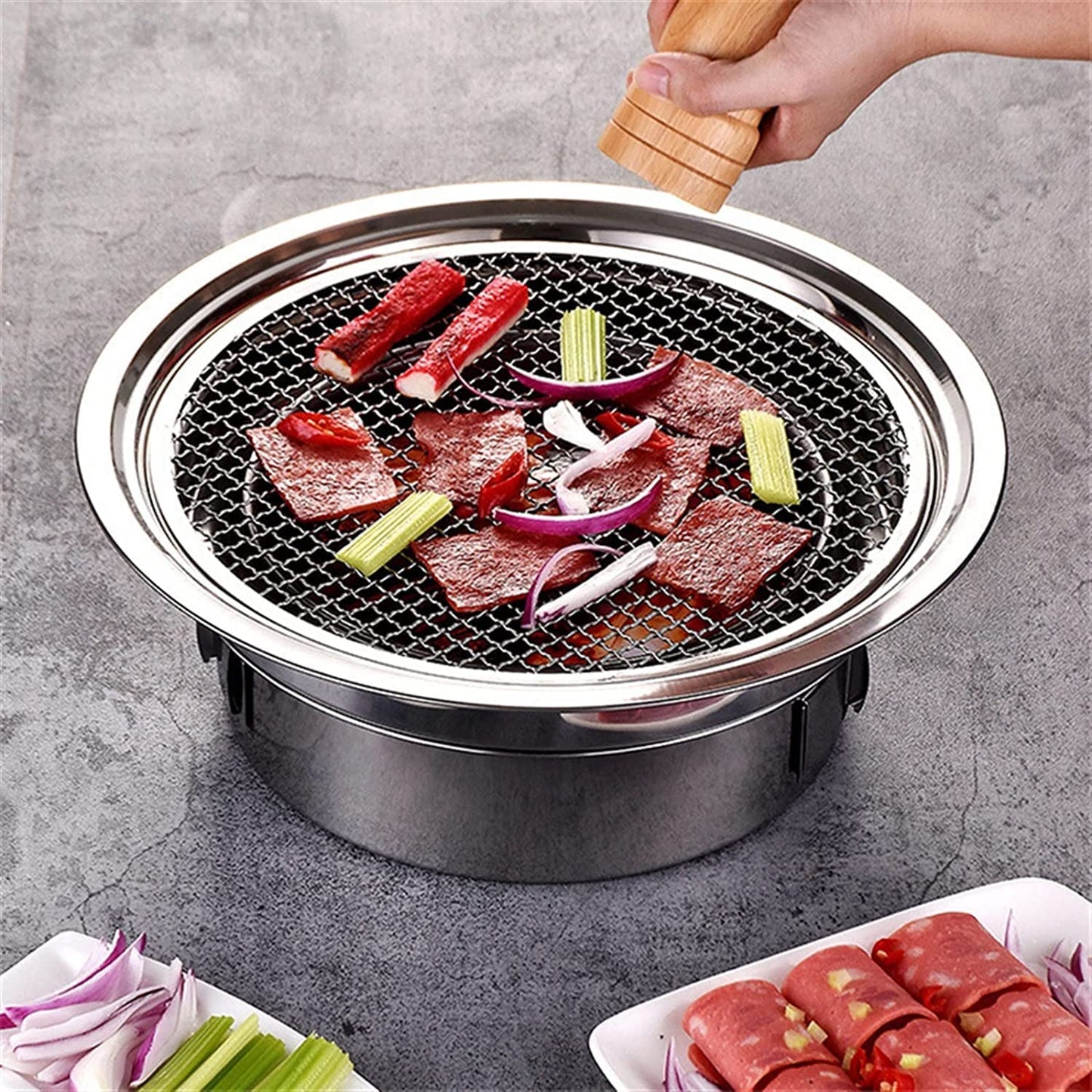 Parrilla de Carbón Redonda WgGUIF – Portátil, Antiadherente, Acero Inoxidable, con Termómetro Integrado, Ideal para Camping y Exteriores