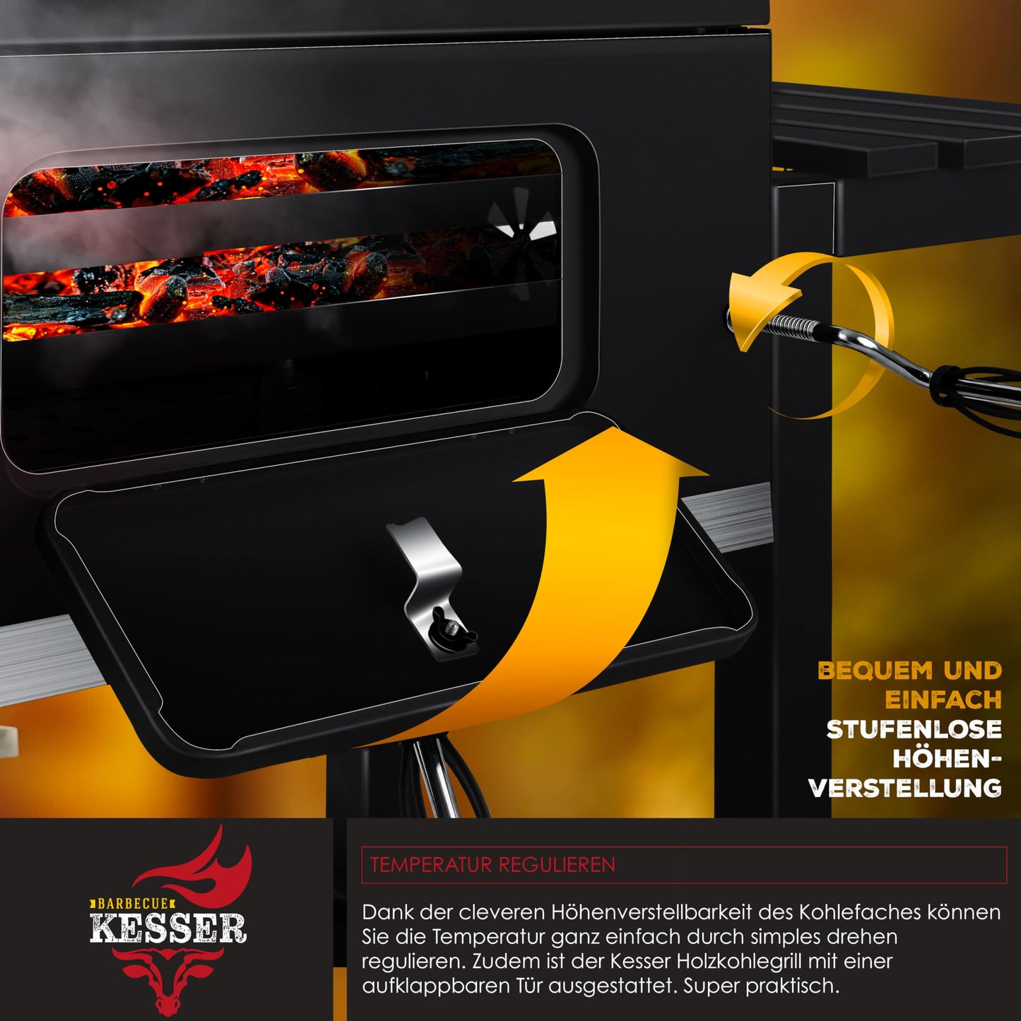 Parrilla de Carbón con Carrito y Tapa – BBQ XL con Ruedas, Termómetro y Estante Abatible – Acero Inoxidable Negro – KESSER®