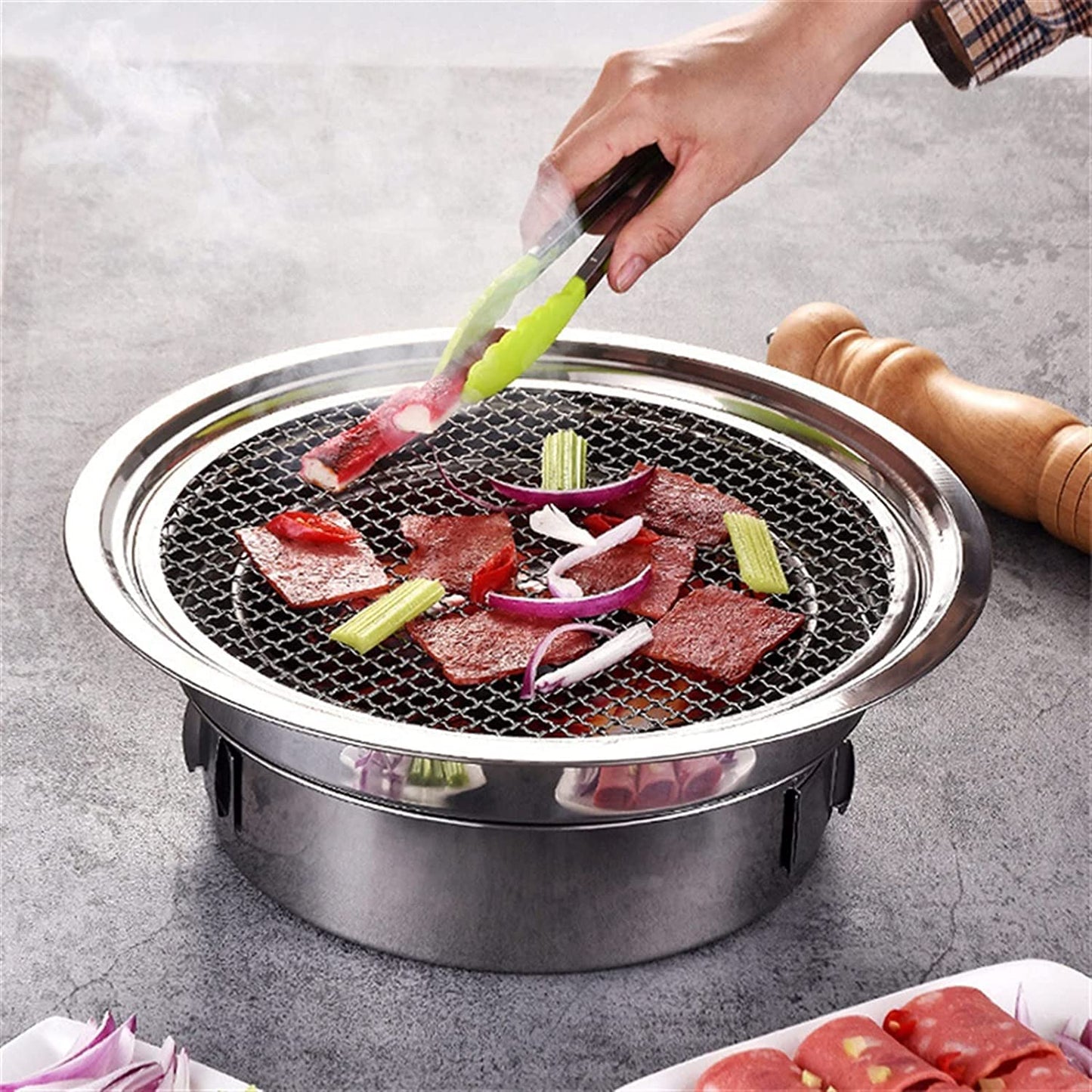 Parrilla de Carbón Redonda WgGUIF – Portátil, Antiadherente, Acero Inoxidable, con Termómetro Integrado, Ideal para Camping y Exteriores