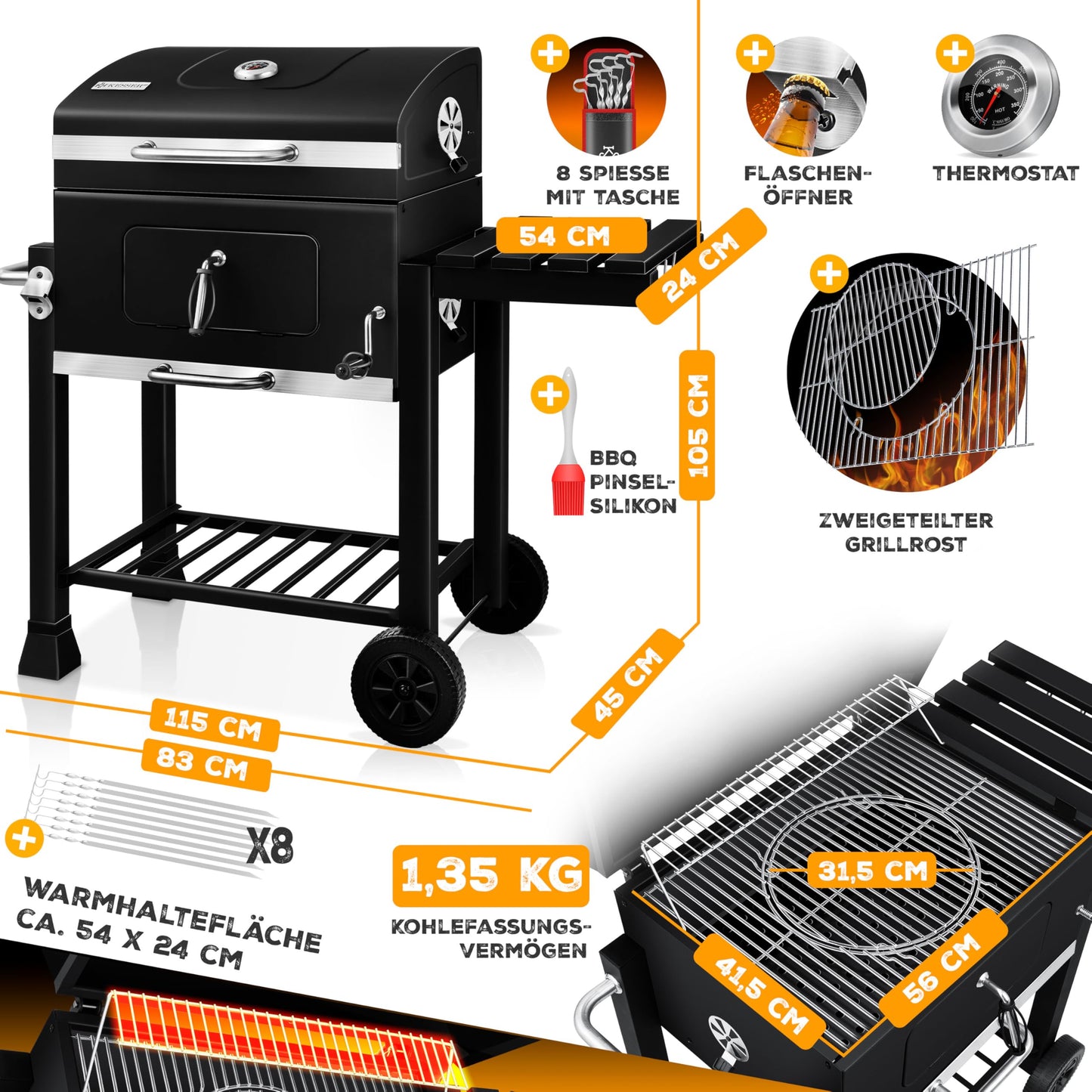 Parrilla de Carbón con Carrito y Tapa – BBQ XL con Ruedas, Termómetro y Estante Abatible – Acero Inoxidable Negro – KESSER®