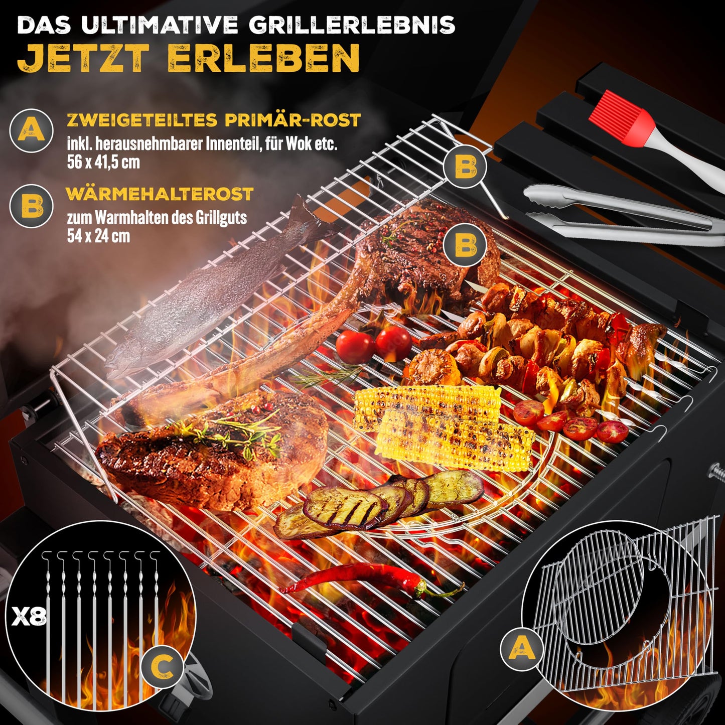 Parrilla de Carbón con Carrito y Tapa – BBQ XL con Ruedas, Termómetro y Estante Abatible – Acero Inoxidable Negro – KESSER®